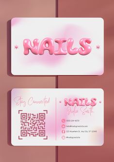 two pink business cards with qr code on them and the word nails printed on it