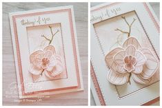 two cards with flowers on them, one is pink and the other has white paper