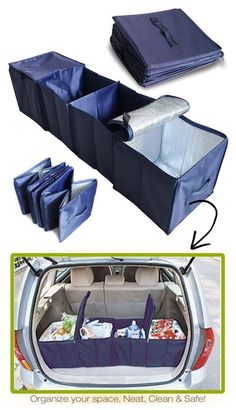 an open car trunk with two bags in it and the back door opened to show what's inside