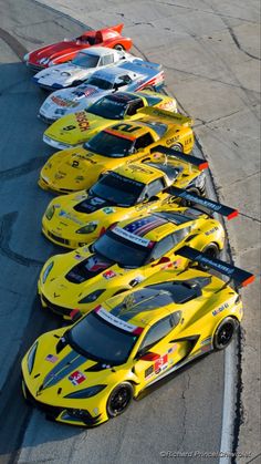 a row of yellow race cars lined up in a line on the track at an event