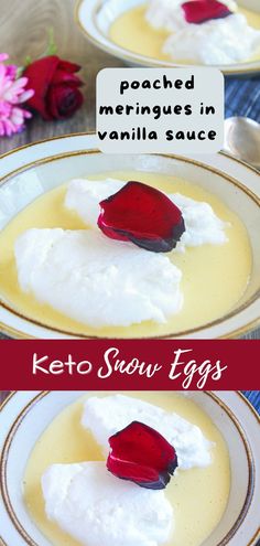 two plates with desserts on them and the words keto snow eggs in red