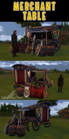 three different views of an old fashioned vehicle with people standing around it and the words merchant table