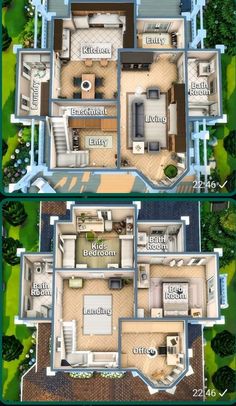 two views of the same house from above and below, with different rooms on each floor