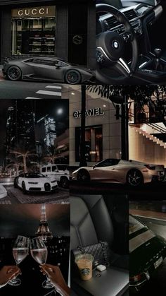 a collage of photographs with cars and wine glasses