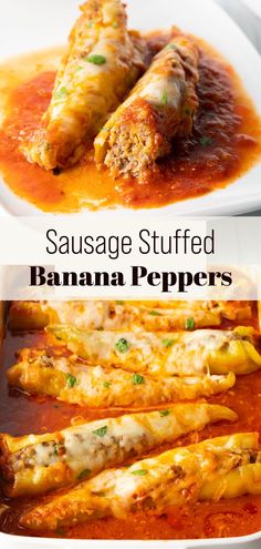 sausage stuffed banana peppers in a white casserole dish with the title above it