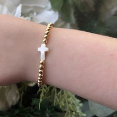 Gold & White Cross Beaded Bracelet The Cole Collection Dainty Hypoallergenic White Rosary Bracelet, Adjustable Gold Beaded Cross Bracelets, Water Safety, Fun Bracelet, Metal Bead, White Cross, White Crosses, Initial Bracelet, Silver Bangle Bracelets