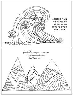 two coloring pages with mountains and waves