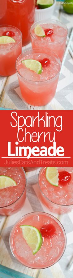 sparkling cherry limeade cocktails in coupe glasses on a table with text overlay