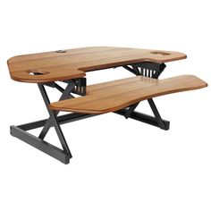 two wooden benches sitting next to each other on top of a white background with black legs