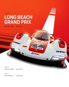 an advertisement for the long beach grand prix, featuring a race car in red and white