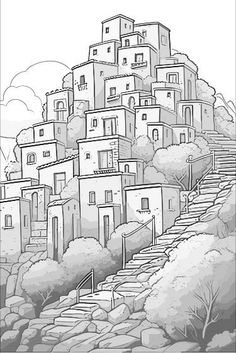 a black and white drawing of stairs leading up to houses on top of a hill