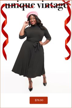 This stunning 1950s plus size black dress features a cozy turtleneck and chic three-quarter sleeves, perfect for any occasion. The flattering fit-and-flare silhouette hugs your curves just right while letting you move freely, thanks to its playful design. Plus, it comes complete with a self-tie sash to accentuate your waist and side pockets!Available in sizes XS-5X while supplies last. Plus Size Classic Style, Turtle Neck Fits, Plus Size Black Dress, Plus Size Black Dresses, Turtleneck Midi Dress, Black Turtle Neck, Vintage Plus Size, Plus Size Black, Black Turtleneck