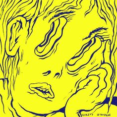 a drawing of a woman's face is shown in blue and yellow ink on a yellow background