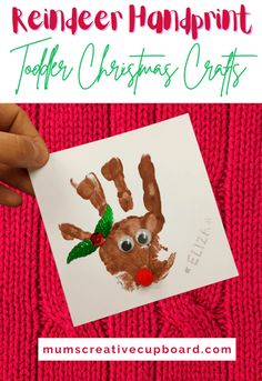 a handprinted reindeer christmas card with the text, reindeer handprint toddler christmas crafts