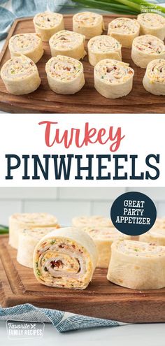 turkey pinwheels on a cutting board with green onions in the background