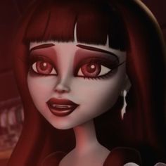 an animated image of a woman with long hair and big eyes, wearing red lipstick