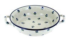 a white bowl with blue flowers on it