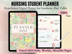 the nursing student planner is on display next to a tablet with flowers and text that reads,