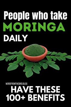 there is a green powder in a bowl on top of leaves and the words people who take morning daily have these 100 + benefits