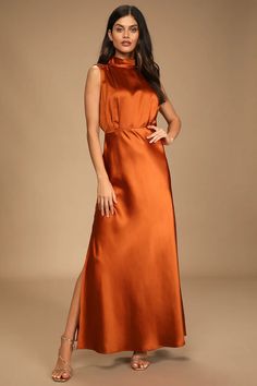 Fall Wedding Guest Dresses - Fall Wedding Outfits - Lulus Copper Mother Of The Bride Dress, Copper Dress Outfit Wedding, Burnt Orange Silk Dress, Copper Clothes, Expensive Party, Orange Dress Outfits, Orange Satin Dress, Mock Neck Maxi Dress, Orange Silk Dress