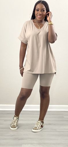 This outfit is 2 things: comfortable and stylish! Our v-neck oversized t-shirt biker shorts set is your perfect every day wear. It’s great for a shopping day whether it’s groceries or clothing. Perfect for when you need to try on clothes. The v-neck top allows you to easily take it on and off without getting makeup on it. It’s your perfect summer outfit! Product Description 90% Polyester 10% Spandex Oversized v-neck top with side slits Elastic waistband biker shorts Model is 5’6, 155lbs and wear Try On Clothes, Biker Shorts Set, Perfect Summer Outfit, Short Models, Oversized Top, Shopping Day, Oversized T Shirt, Biker Shorts, Shorts Set