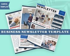 business news letter template with blue and white colors on the front, two men sitting at desk