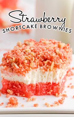 strawberry shortcake brownies on a white plate