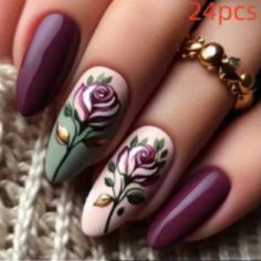 24 Count Press On Nails Purple Floral Design Medium Almond Shape Includes Jelly Glue And Nail File New Green And Purple Nails Ideas, Winter Nails Purple, Nails Color Green, Finger Biting, Birmingham City University, Fingernail Art, Country Nails, Designs For Short Nails, Fall Nail Trends