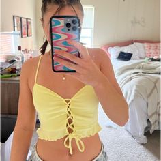 Pacsun Yellow Tie Front Top, Size Small, Never Worn, Great Condition Summer Vacation Crop Top With Spaghetti Straps, Summer Crop Top With Spaghetti Straps For Vacation, Strappy Summer Crop Top For Beach, Trendy Summer Crop Top For Poolside, Yellow Tops For Poolside Spring Season, Casual Summer Crop Top For Poolside, Summer Crop Top For Beach Party In Spring, Yellow Top For Spring Beach Party, Summer Spaghetti Strap Crop Top For Beach Season