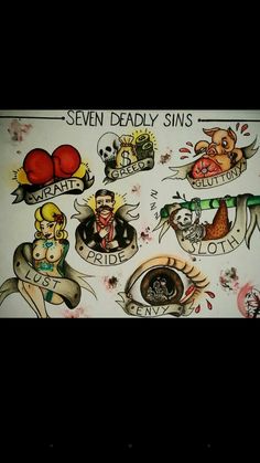 an old school tattoo sticker on the back of a white sheet that says seven deadly suns