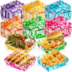 six colorful boxes with different types of food in them, each containing a sandwich and fries