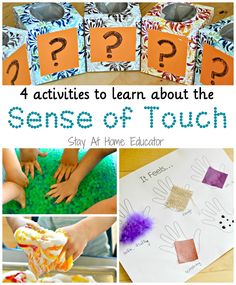 four activities to learn about the sense of touch with pictures and text overlays