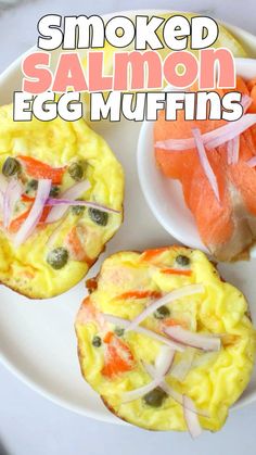 an egg muffins with smoked salmon on top and other food items in the background