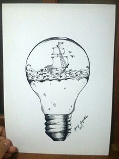 a drawing of a light bulb with a boat in it's center and water inside