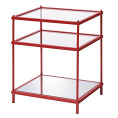 a red metal and glass side table with two shelves on each side, one shelf is empty