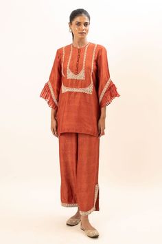 Orange Chikankari Embroidery Palazzo Set For Designer Wear, Orange Chikankari Embroidery Palazzo Set, Orange Chikankari Embroidery Palazzo Set For Eid, Unstitched Orange Festive Sets, Orange Chikankari Embroidery Palazzo Set For Diwali, Festive Orange Palazzo Set With Chikankari Embroidery, Diwali Orange Chikankari Embroidery Palazzo Set, Orange Sets With Resham Embroidery In Traditional Drape, Orange Chanderi Set With Gota Work