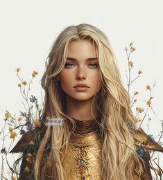 a woman with long blonde hair and blue eyes standing in front of some wildflowers