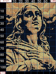 an image of a woman with her arms crossed in the cross stitch pattern on a black background