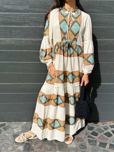 Women Elegant Dresses, Stylish Retro Greek Goddess Pattern Print Dress Beige Boho Dress For Fall Vacation, Brown Long Sleeve Beach Dress, Beige Long Sleeve Boho Beach Dress, Bohemian Beige Long Sleeve Midi Dress, Casual Beige Maxi Dress For Fall, Bohemian Cream Maxi Dress For Fall, Casual Beige Long Sleeve Boho Dress, Bohemian Beige Maxi Dress For Fall, Fall Bohemian Beige Maxi Dress