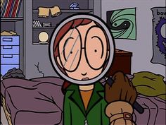 a person with a magnifying glass over their face in front of a bed