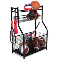 a metal rack with basketballs, gloves and balls on it's bottom shelf