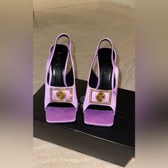 Versace Sandals Brand New Never Worn Before They Are Too Small For Me Was Not Able To Return Them Luxury Purple Sandals With Open Heel, Luxury Purple Open Toe Sandals, Designer Purple Open Heel Sandals, Designer Purple Sandals For Summer, Designer Purple Open Toe Sandals, Versace Sandals, Versace Shoes, Sandals Brands, Color Purple