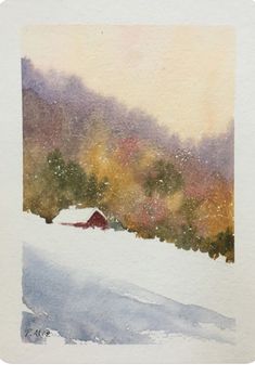 a watercolor painting of a snow covered field with a red barn in the distance