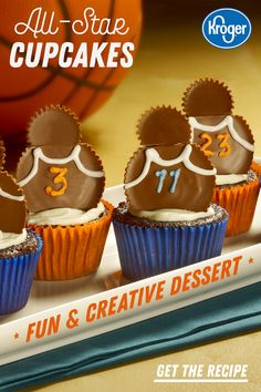 three cupcakes with chocolate frosting and numbers on them