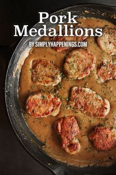 pork medallions with gravy in a skillet