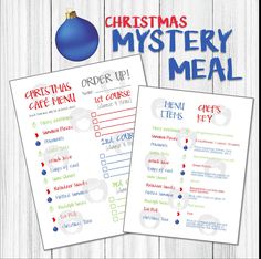 two christmas dinner menus with the words, christmas mystery meal and an ornament