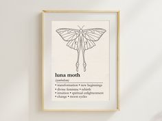 a framed poster with the words lunaa moth on it's front and back