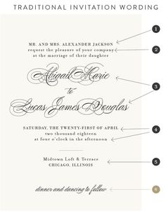 the wedding stationery is shown in black and white, with an elegant calligraphy font