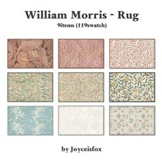 the william morris rug pattern is shown in nine different colors