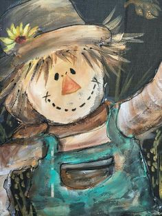 a painting of a snowman wearing a hat and overalls